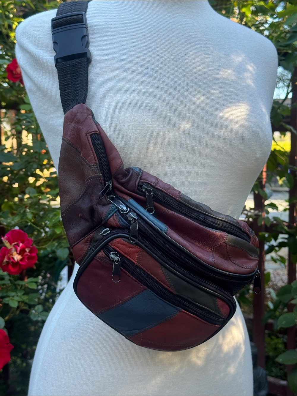 Vintage Leather Patchwork Fanny pack/ Chest Bag - Brown & Black - Unbranded